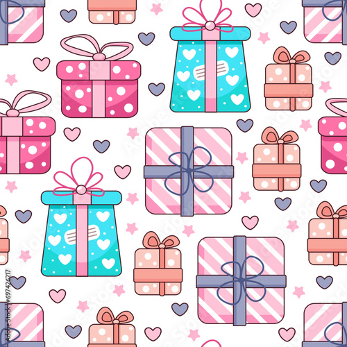 Vector seamless pattern with colorful gift boxes of different sizes in cartoon style. The concept of holidays