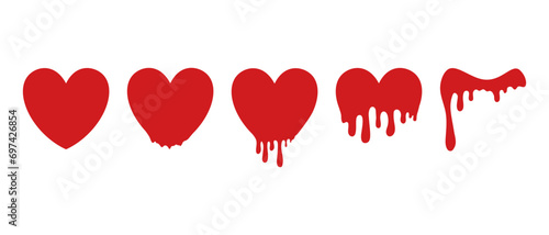 Set of different red dripping hearts. Design for Valentine`s Day. Abstract vector illustration romantic symbol.