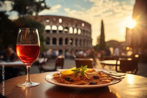 Classic Flavors in Rome: Spaghetti Bolognese on a Rustic Table at a Cozy Café, Accompanied by Full-Bodied Red Wine - The Majestic Colosseum Provides a Stunning Backdrop to the Sunset Dining Experience photo
