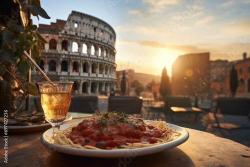Classic Flavors in Rome: Spaghetti Bolognese on a Rustic Table at a Cozy Café, Accompanied by Full-Bodied Red Wine - The Majestic Colosseum Provides a Stunning Backdrop to the Sunset Dining Experience photo