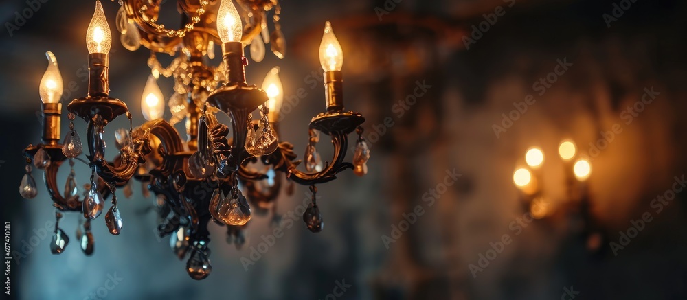 Obraz na płótnie Italian styled vintage chandelier, retro ceiling lamp, hanging in a dark room. w salonie