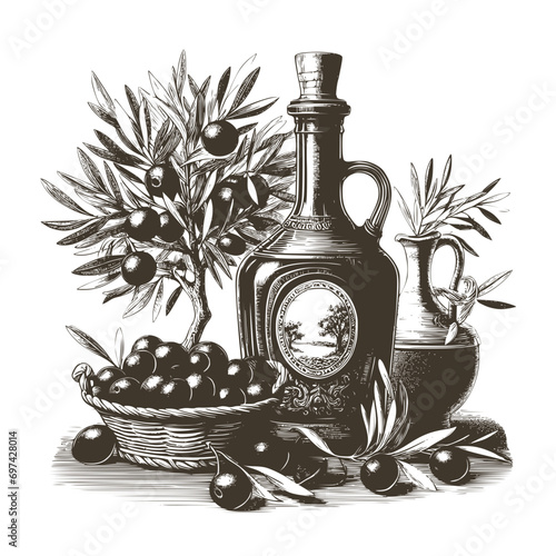 Monochrome illustration in vintage style with a basket of fresh olives and a bottle of olive oil surrounded by olive branches