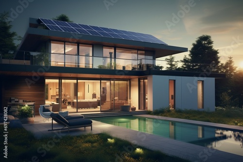 3d rendering of modern cozy house with pool and parking for sale or rent. Sunset in the background. © GoldenART