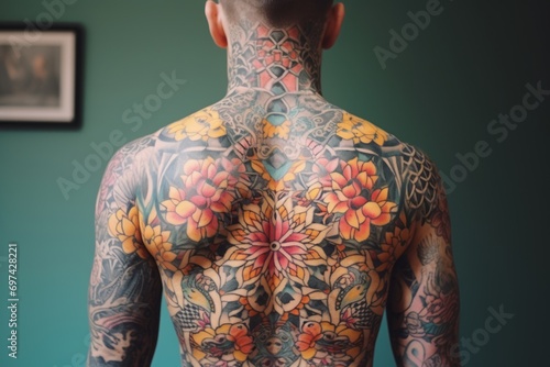 Tattooed man with flowers on his back in a room