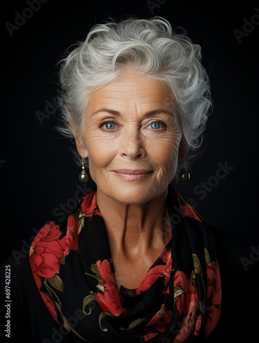 Beautiful old lady, incredible old age, seniorita grandmother granny elderly woman gray hair portret cute cheerful happy fun pretty smiling fashionable.