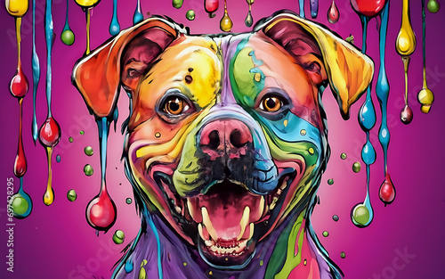 Anime 2D style bright ink art Alphonse Mucha and Josias Severo half portrait of a happy dog in a room filled with color drops neon smiley balls photo