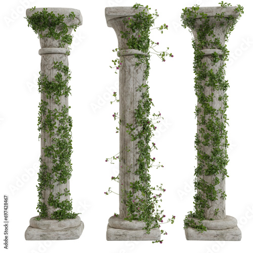 A 3d rendered illustration of ancient pillars with ivy on them as overlays  photo