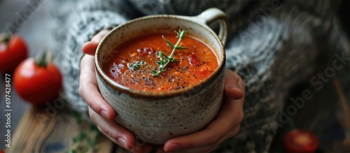 Woman with a cup of tomato soup. photo