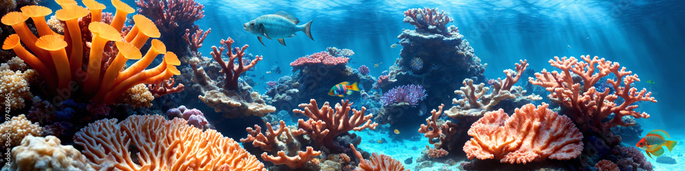 Horizontal banner with ocean reef with colorful corals, tropical fish and sunlight streaming through the sea water. Underwater world beauty illustration. Generative AI - obrazy, fototapety, plakaty 