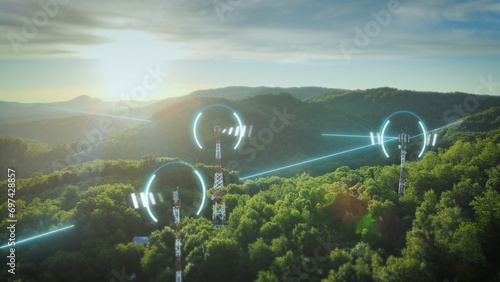 5G Telecommunication towers exchange network data through glowing digital lines