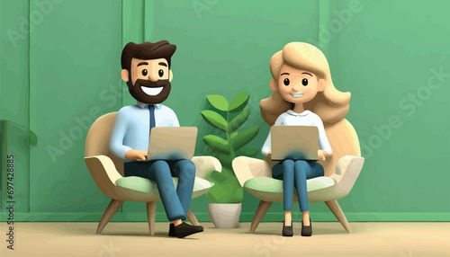 3D illustration of smiling bearded man and african american woman using laptops and sitting in chairs. Cute cartoon businessman and businesswoman working in office