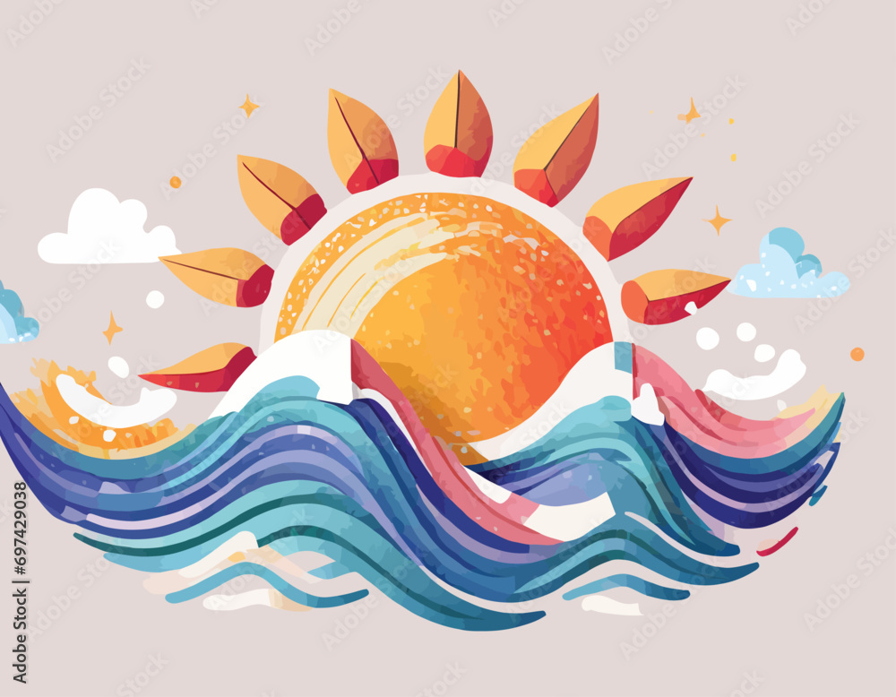 Obraz premium 3D Sun with wave icon. Sunset and sunrise concept.