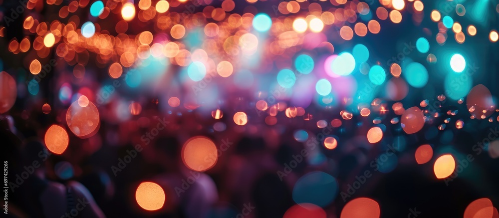 Create a blurry and defocused texture. Illuminate colored lights during a concert with artists performing amidst light and smoke.