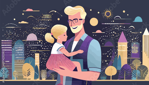 Father holding daughter in arms - Parent with child outdoors in generic location. Fatherhood and parenting concept in flat design vector illustration