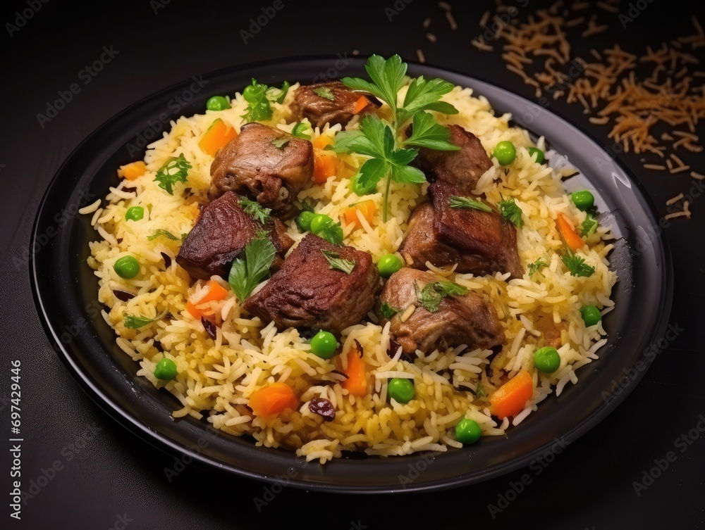 Pilau on Green Plate, Beef Pilaf, Traditional Asian Dish Plov also known as Polow, Pilav, Pallao, Pulao, Palaw Pilau on Green Plate, Beef Pilaf, Traditional Asian Dish Plov also known as Polow, Pilav, Pallao, Pulao, Palaw