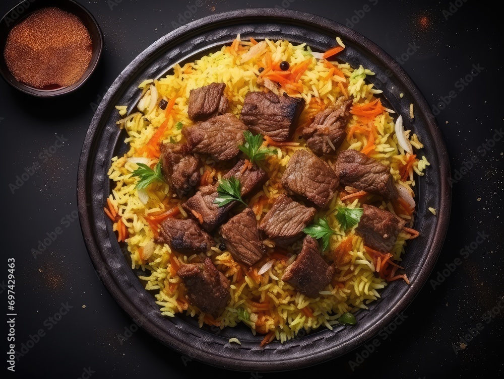 Pilau on Green Plate, Beef Pilaf, Traditional Asian Dish Plov also known as Polow, Pilav, Pallao, Pulao, Palaw Pilau on Green Plate, Beef Pilaf, Traditional Asian Dish Plov also known as Polow, Pilav, Pallao, Pulao, Palaw