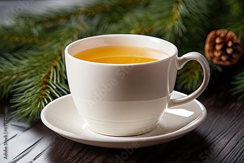 Pine Needles Tea in White Cup, Healthy Winter Beverage in Camping, Pine Tree Needles Tea in Mug