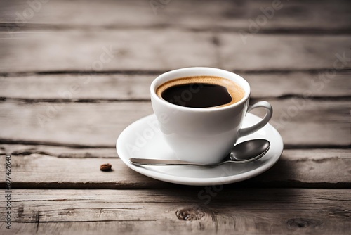 Cup of coffee on old wooden table. Shallow depth of field