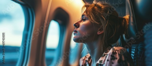 Stressed woman on plane with motion sickness. Attention on medicine. photo
