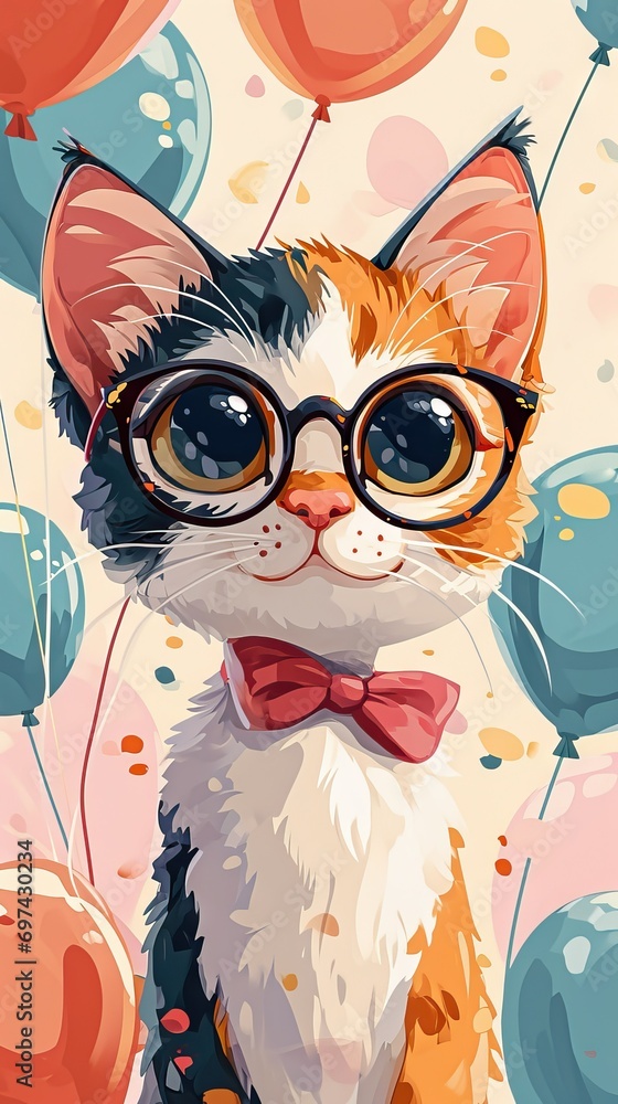 a cartoon orange and white calico cat in glasses in front of a balloons background, party