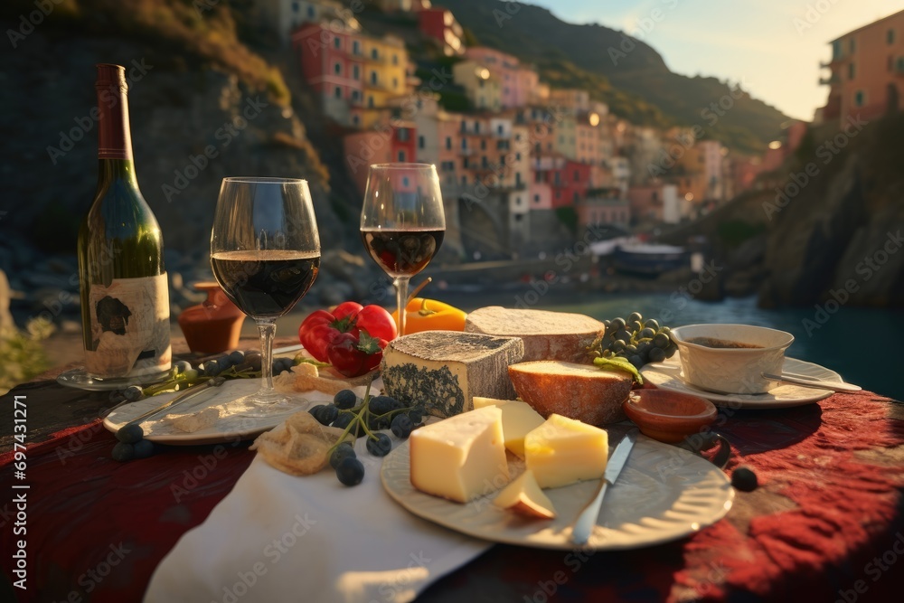 Gourmet Escape: Italian Appetizers - Cheese and Wines - Grace a Table with a View of Cinque Terre's Idyllic Landscape, Offering a Scenic Culinary Delight Over the Seaside Horizon.




