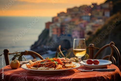 Cinque Terre Delights  Italian Pasta and Seafood  Enhanced with Tomato Sauce and Wine  Adorn a Table with a View  Creating a Scenic Culinary Experience Overlooking the Mediterranean Landscape.