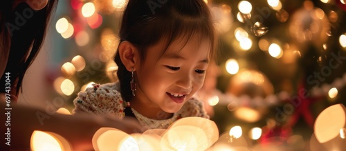 Asian child celebrates Christmas and New Year with family, feeling joyful to be with parents and grandparents.