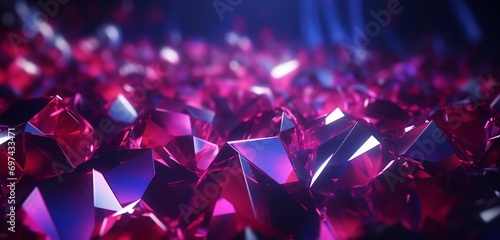 Neon light design with a cascade of ruby and sapphire gem shapes on a luxurious 3D background