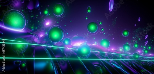 Neon light graffiti featuring a series of green and purple polka dots on a dotted 3D background