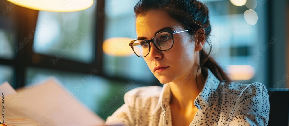 Eyeglass-wearing female office worker with eyesight issues reading papers at her desk in an office setting. - obrazy, fototapety, plakaty 