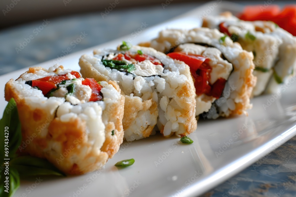 Culinary Tradition: Making Inari Sushi with Sushi Rice, Highlighting the Delicious Blend of Sweet Tofu Pockets and Savory Fillings. Culinary Tradition: Making Inari Sushi with Sushi Rice, Highlighting the Delicious Blend of Sweet Tofu Pockets and Savory Fillings.