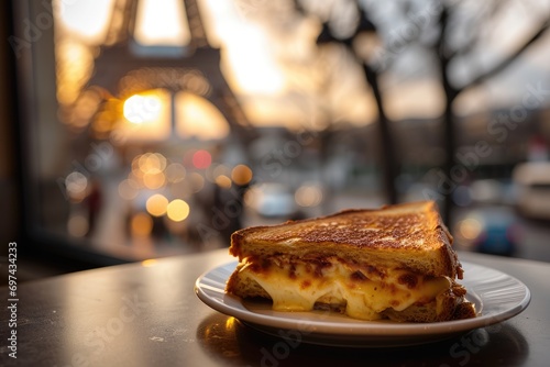 Parisian Culinary Charm: Gourmet Presentation with a Golden-Brown Croque Monsieur Against the Romantic Backdrop of Paris - An Iconic French Dish.