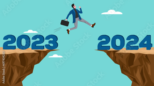 happy new year concept with businessman jumping from year 2023 to new year 2024 vector illustration suitable to describe about, business goal in 2024, business growth in new year 2024 illustration