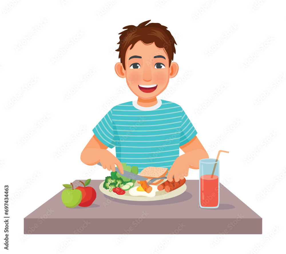 Young man eating sausage eggs bread and vegetables for breakfast
Young man eating sausage eggs bread and vegetables for breakfast
