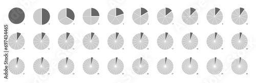 Circle divided into sectors or parts. Pie chart math infographics to show fraction, division, percentage of segments. Equal pizza pieces or slices.