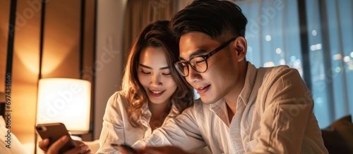 Asian couple business owners pointing at smartphone, learning and shopping online in hotel room.