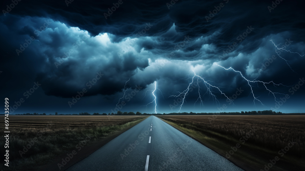 Empty asphalt road towards dramatic dark cloudy and stormy sky.Storm clouds and distant lightning strikes over the road,  - obrazy, fototapety, plakaty 