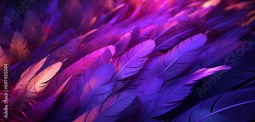 Vibrant neon light design with a series of purple and grey feathers on a feathery 3D texture photo