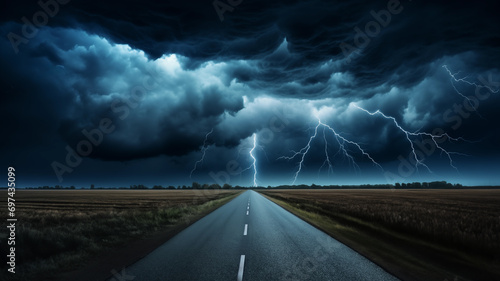 Empty asphalt road towards dramatic dark cloudy and stormy sky.Storm clouds and distant lightning strikes over the road,  photo
