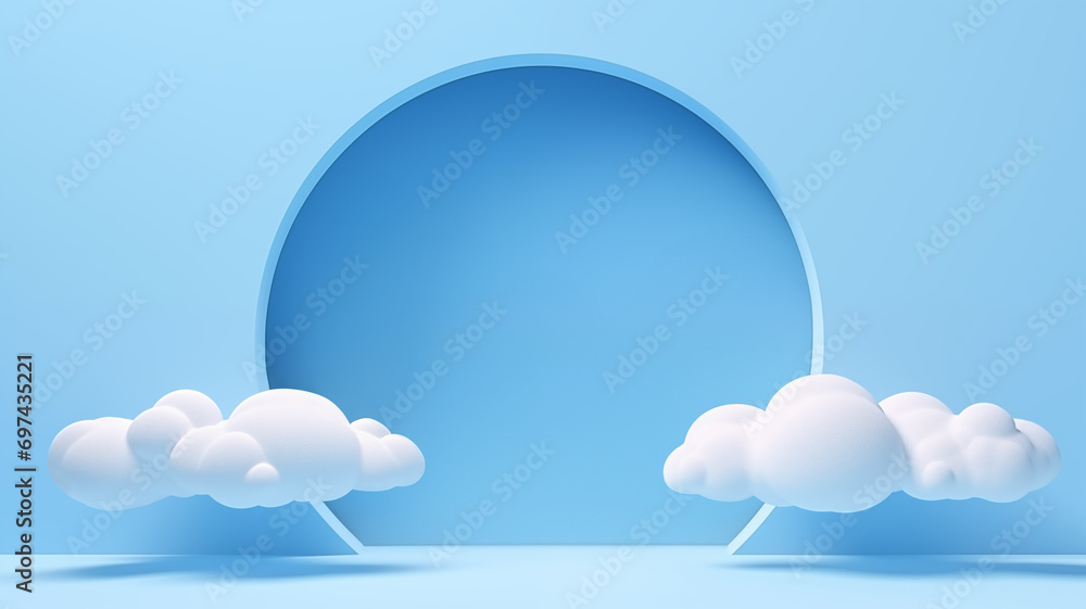 3d render blue background with white clouds flying in front of circle shape. Minimal scene empty, blank for mockup product display with copy space for text - obrazy, fototapety, plakaty 