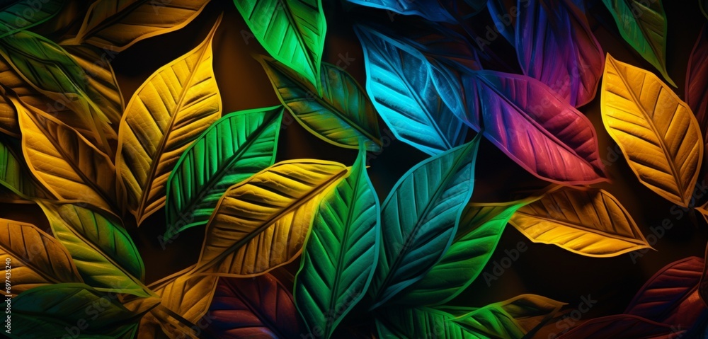 Vibrant neon light design with a lattice of green and yellow leaves on a natural 3D textured surface