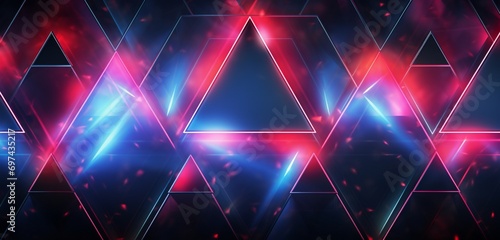 Vibrant neon light design with abstract, multicolored triangles on a geometric 3D texture