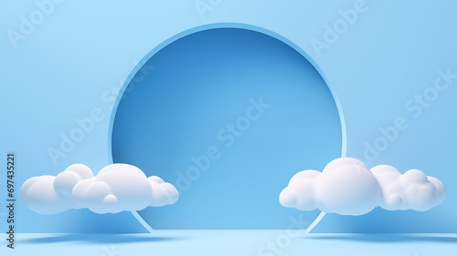 3d render blue background with white clouds flying in front of circle shape. Minimal scene empty, blank for mockup product display with copy space for text