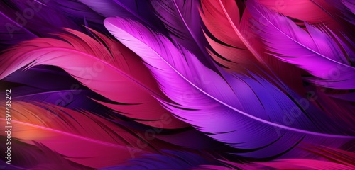 Vibrant neon light design with a series of purple and grey feathers on a feathery 3D texture photo