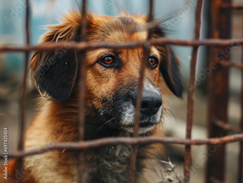 Stray homeless dog in animal shelter cage.