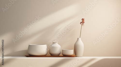 Minimal interior of white vase with flowers on wooden plate. Sunlight on white wall, white ceramic arrangement for decoration. Luxury skincare, cosmetic, tea product still life.  photo