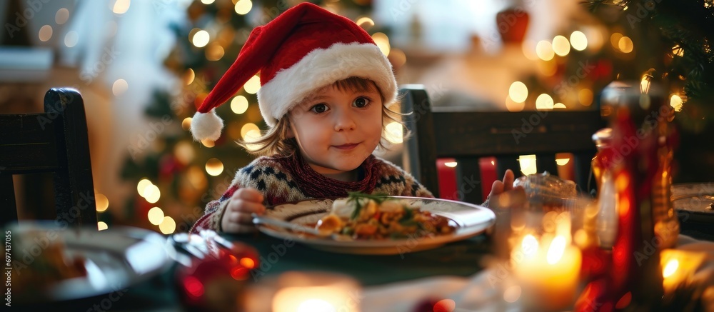 Adorable child enjoying Christmas meal playfully. Adorable child enjoying Christmas meal playfully.