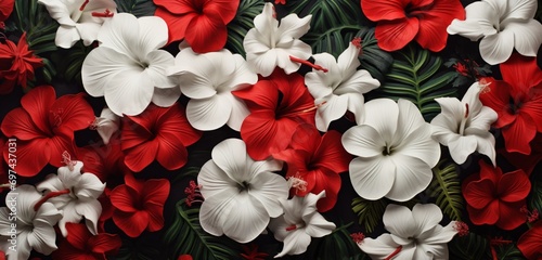 Vibrant tropical floral pattern with red geraniums and white gardenias on a matte 3D wall texture photo