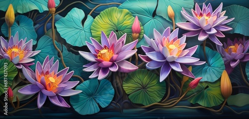 Vibrant tropical floral pattern background showcasing aqua water lilies and mahogany brown twigs on a 3D silk wall © Aaron Gallery 