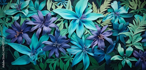 Vibrant tropical floral pattern background showcasing turquoise blue agapanthus and fern green moss on a 3D linoleum wall